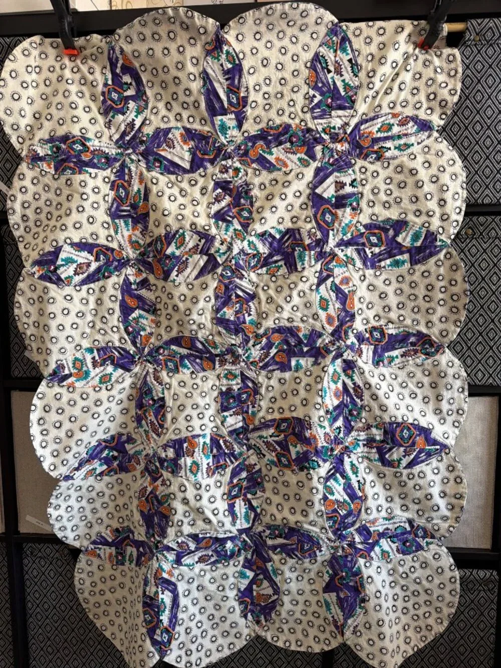 Vintage Handmade Reversible Lap Quilt Southwestern Puff Purple Biscuit 35 x 51